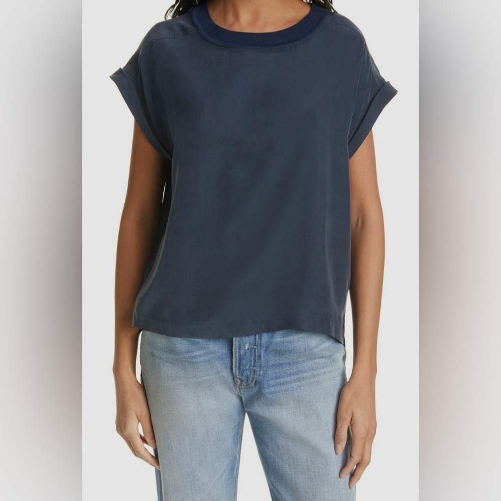 FRAME Silk Blue Short Sleeve Crew Neck Oversized T-Shirt (S)